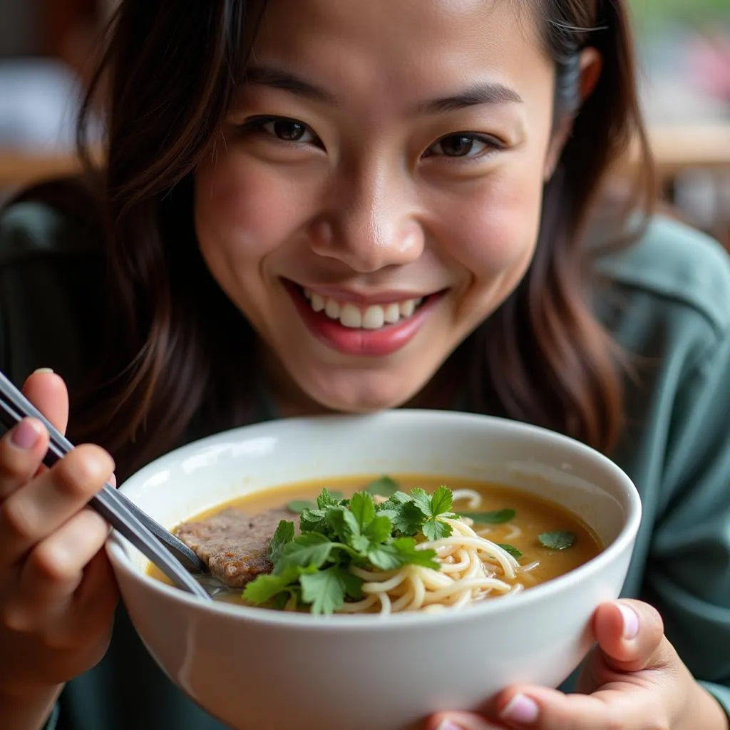 Vietnamese woman enjoying a bowl of pho