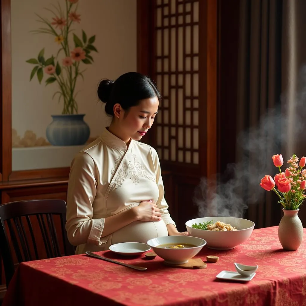 A pregnant Vietnamese woman savors a bowl of traditional soup.