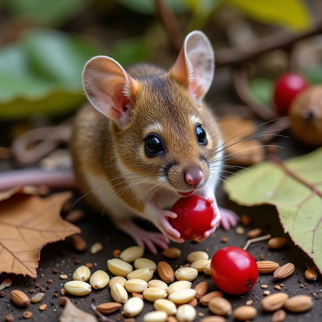 Wild Mouse Foraging for Food