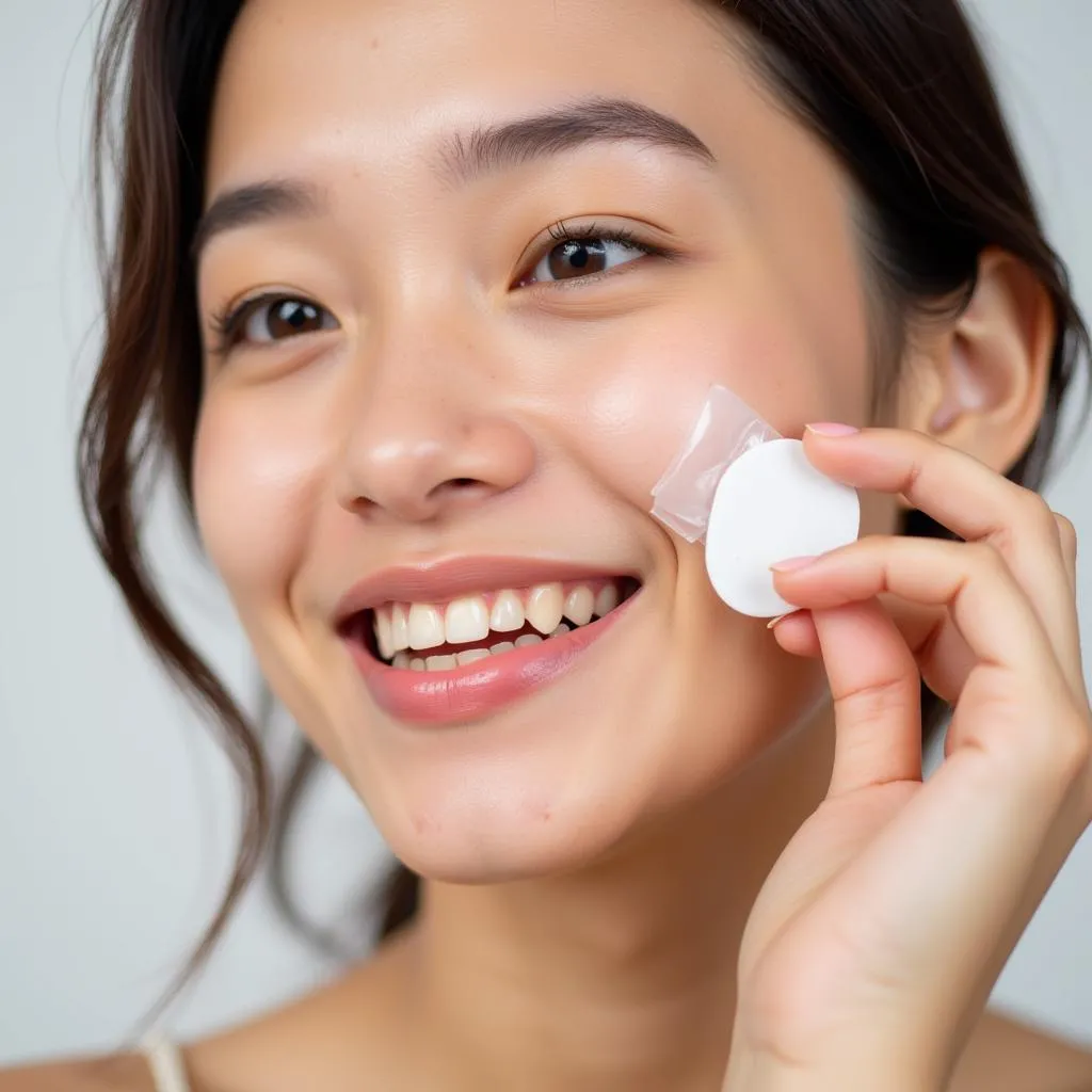 A young woman applying an Acnes scar patch on her cheek