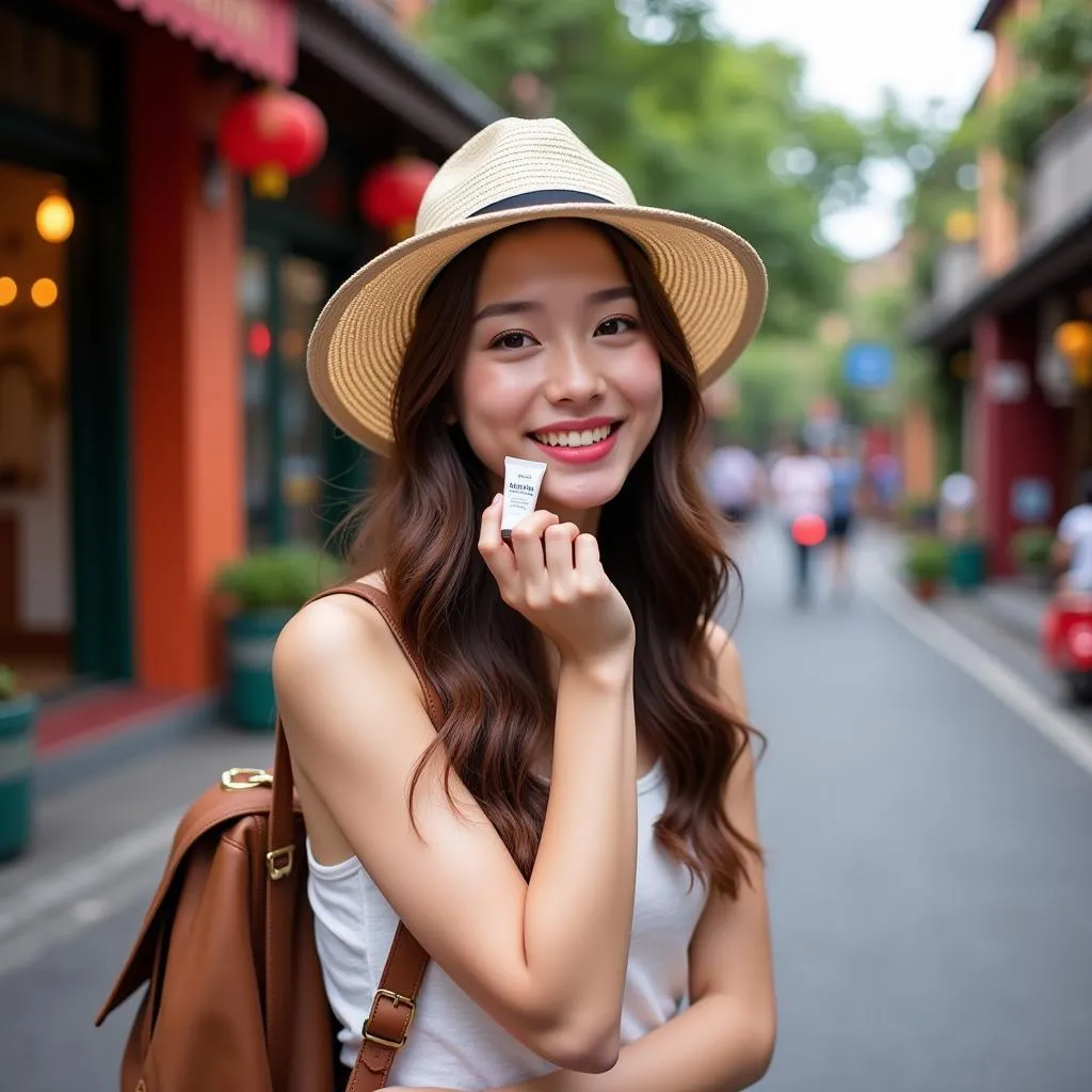 A woman applying Labocare Panteno Lips while exploring Hanoi Old Quarter