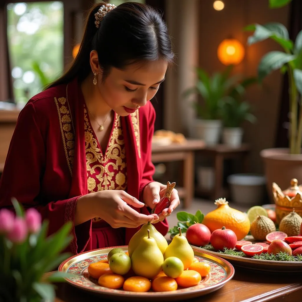 Woman arranging fruits for Vietnamese ancestral ceremony