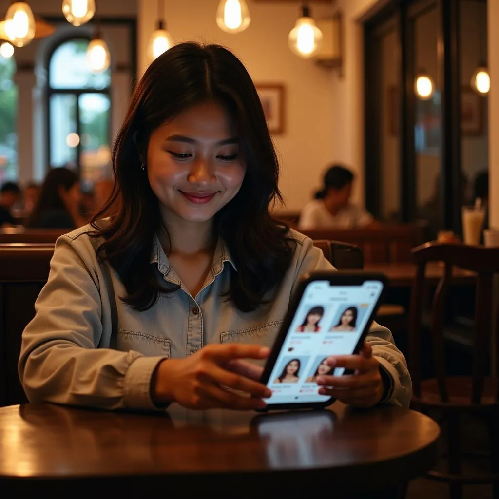 Woman shopping for hairspray online in Hanoi