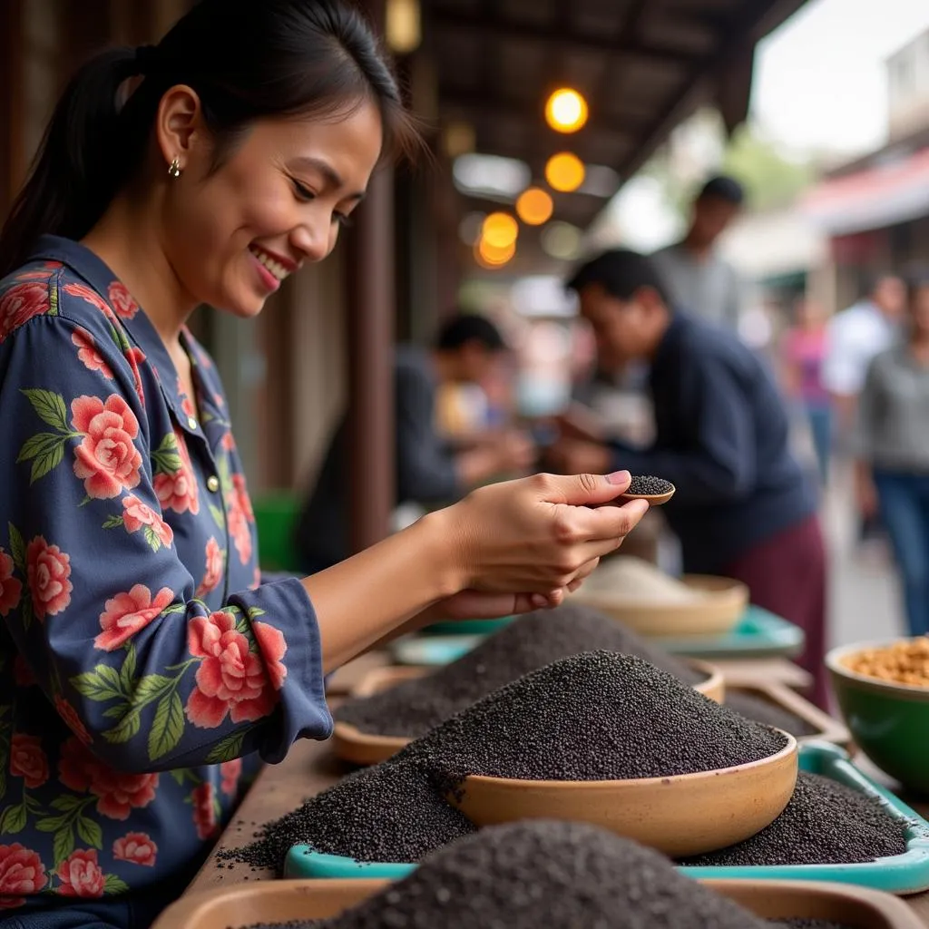 A woman buying black sesame seeds at a traditional market in Hanoi