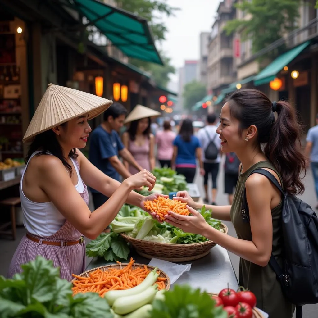 A Local Woman Buying Lá Giang from a Street Vendor in Hanoi's Old Quarter