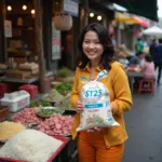 A woman carefully selecting ST25 rice from a vendor at a bustling Hanoi market.