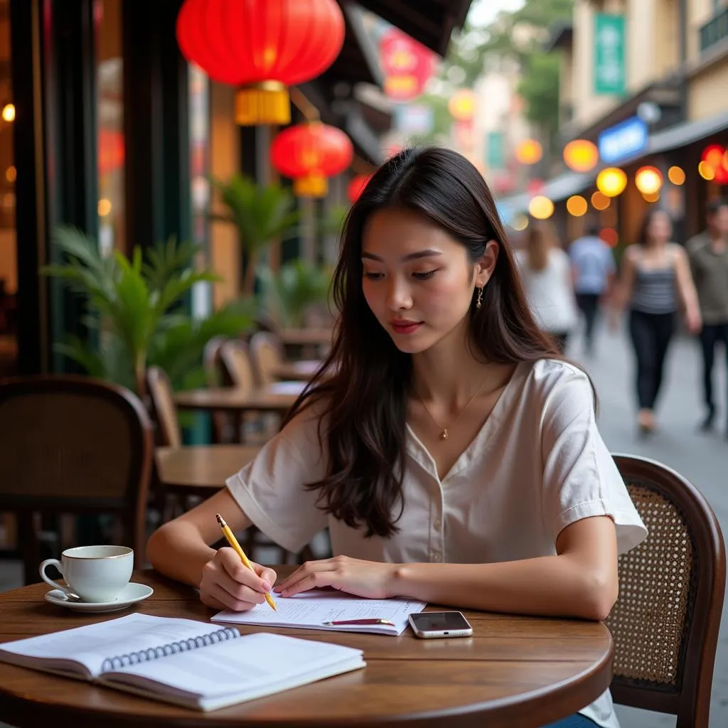 Woman Calculating Expenses in Hanoi Cafe