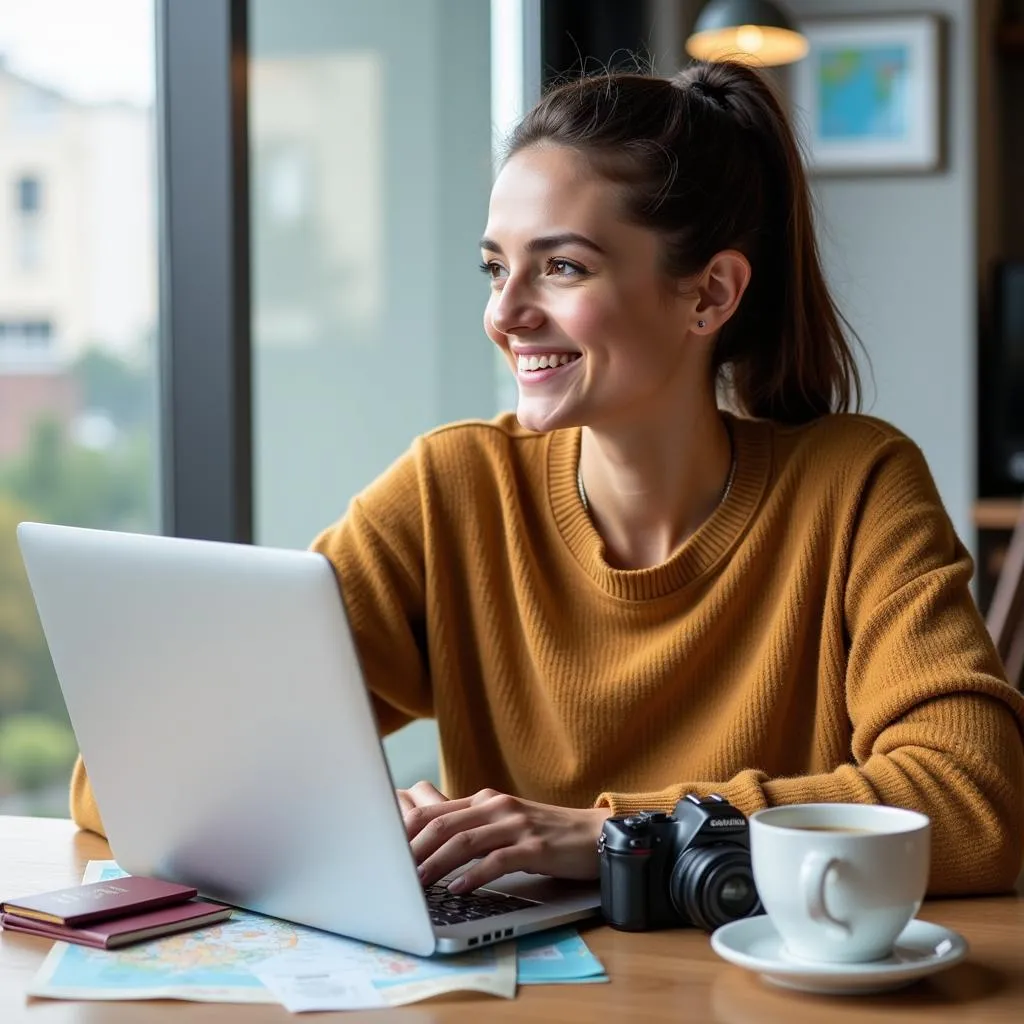 Woman Checking Travel Budget on Laptop