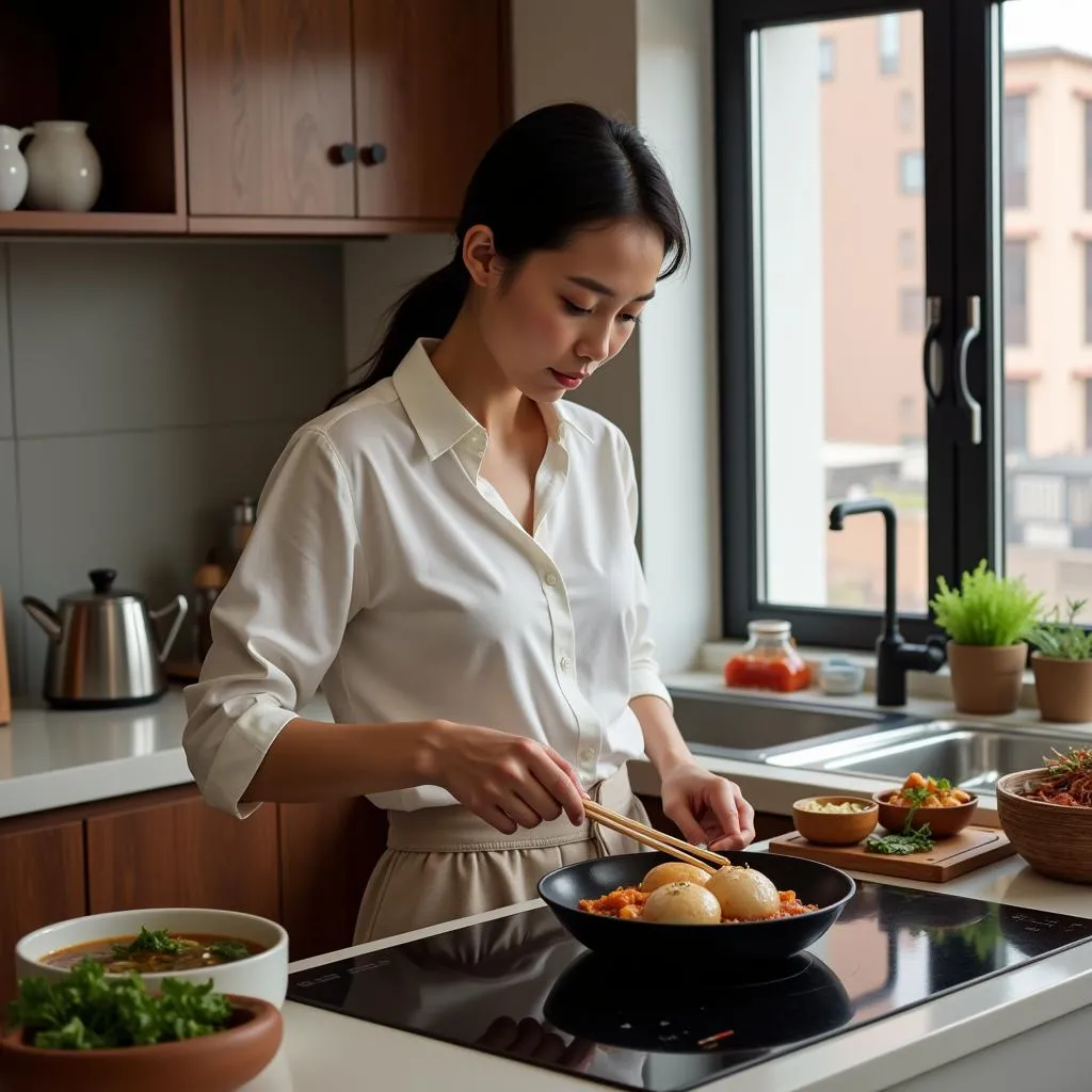 Woman cooking bun cha on a Giovani induction cooktop