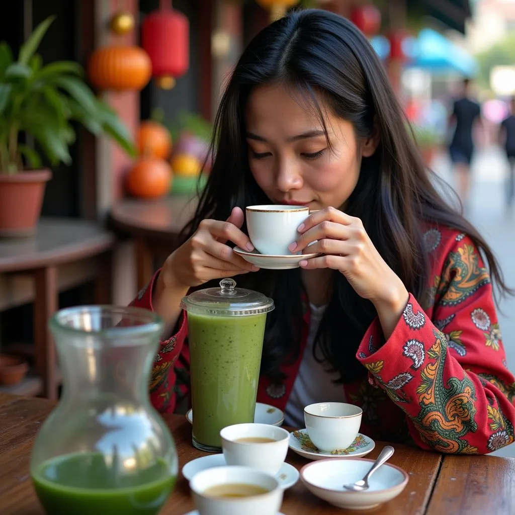 A woman sipping green tea at a street stall in Hanoi