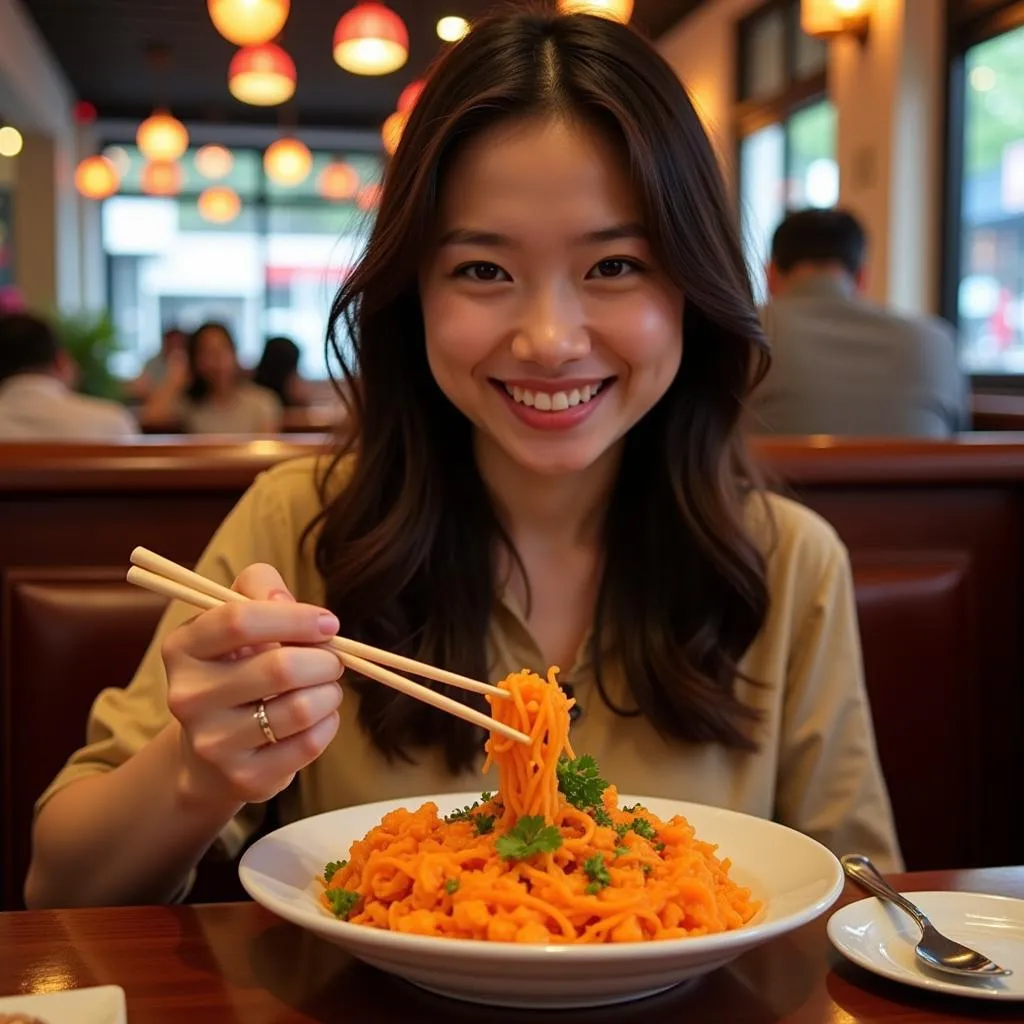 A woman enjoying papaya salad in a Hanoi restaurant