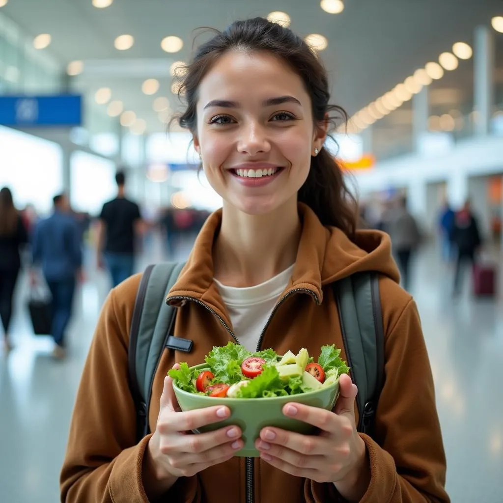 Woman Eating Salad at Airport