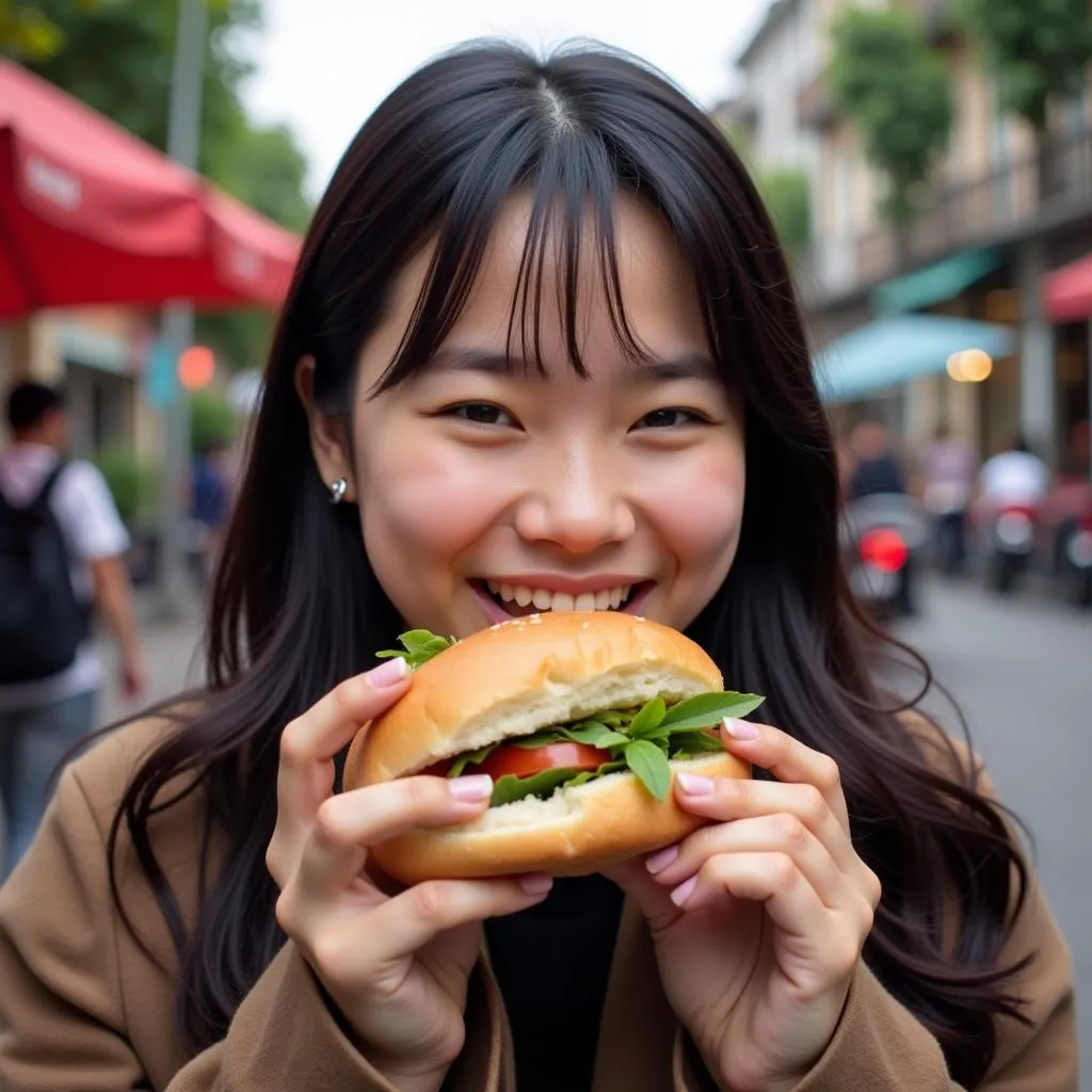 Woman enjoying a Banh Mi on a Hanoi street