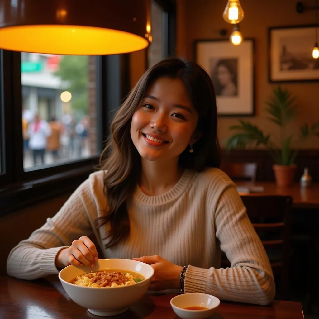 Woman Enjoying a Bowl of Cháo in a Hanoi Restaurant