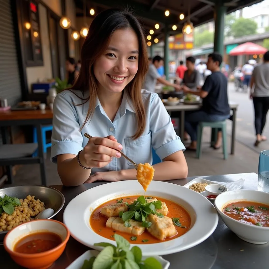 A woman enjoying a plate of Bun Dau with Meo Tom dipping sauce.