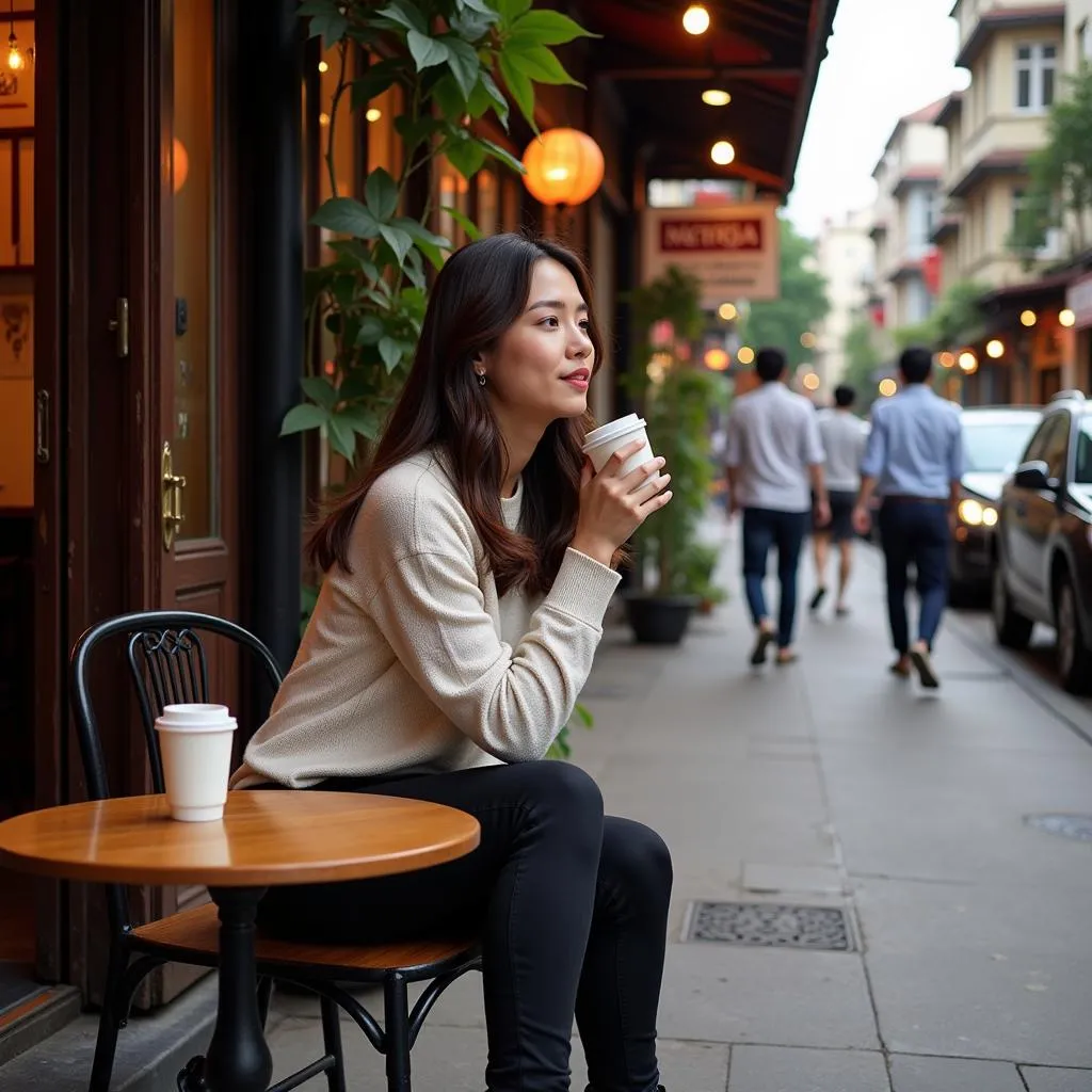 Woman Enjoying Coffee from Travel Mug in Hanoi