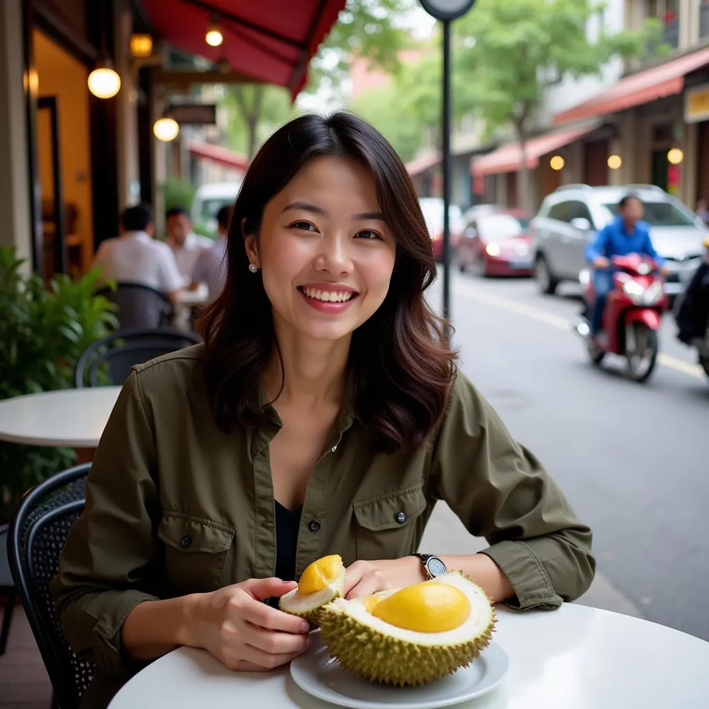 A woman enjoying durian fruit at an outdoor cafe