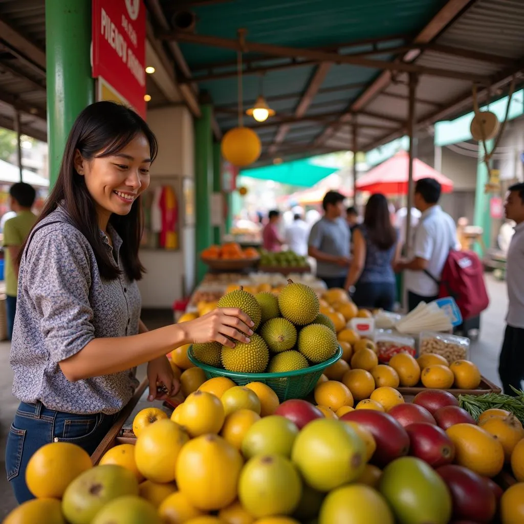 Vietnamese woman enjoying fresh jackfruit at a local market in Hanoi