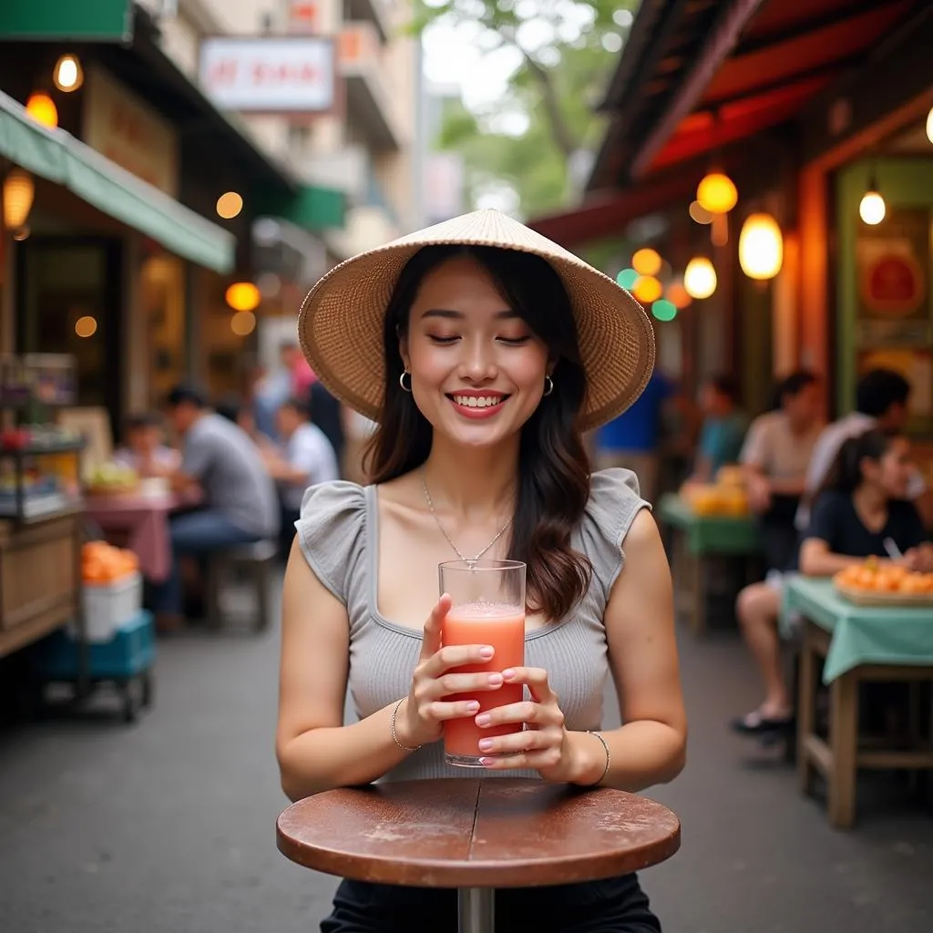 A woman savoring a glass of nuoc me at a bustling Hanoi market.