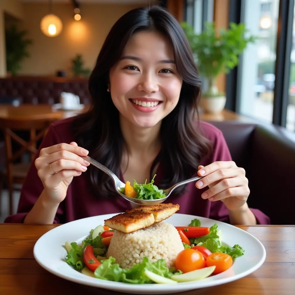 Woman Enjoying a Healthy Meal at a Hanoi Restaurant