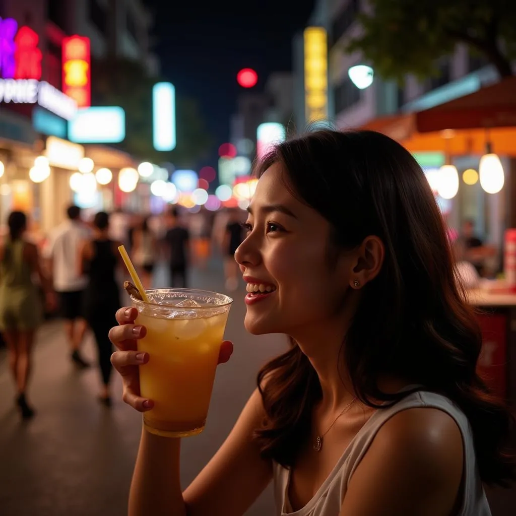 Woman enjoying pineapple tea at Hanoi night market