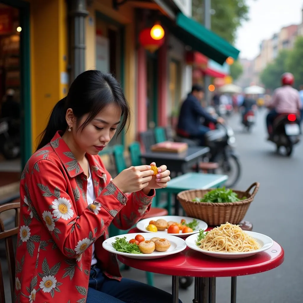 Vietnamese Woman Enjoying Pomelo Salad in Hanoi Old Quarter