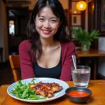 Vietnamese woman enjoying a meal with Cham Cheo