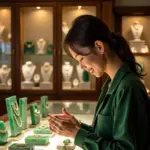 Woman Examining a Jadeite Ring in Hanoi Jewelry Store