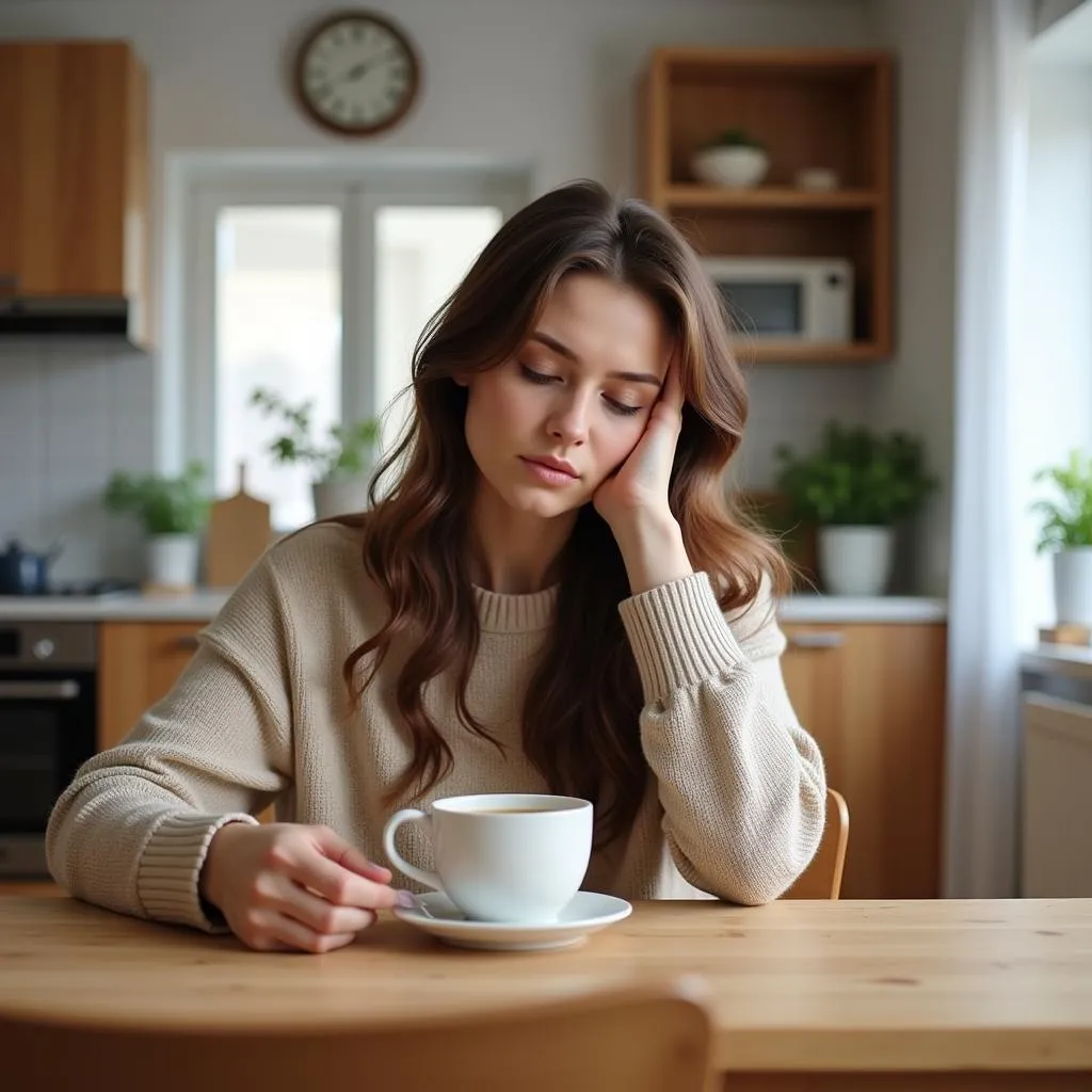 Woman feeling tired holding a cup of coffee