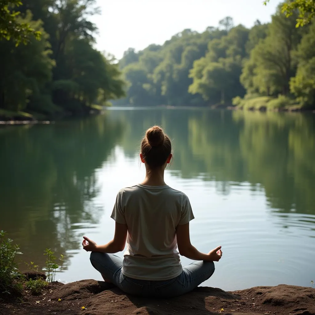 Woman Meditating by a Lake