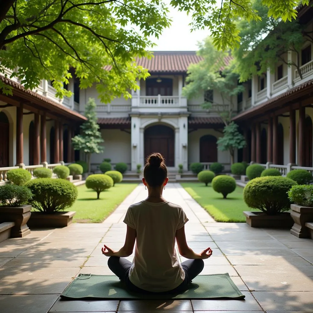 Woman practicing mindfulness in Hanoi's Temple of Literature