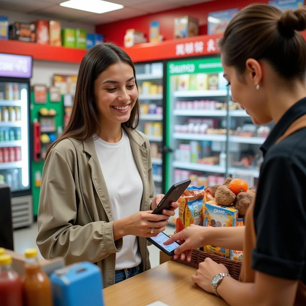 Woman paying with Payoo at a convenience store