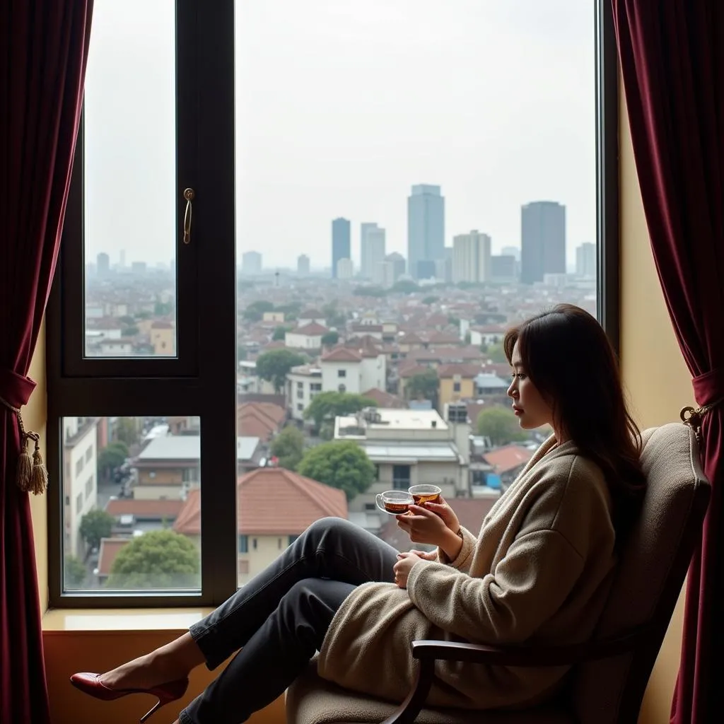 Woman relaxing in a Hanoi hotel room with city view