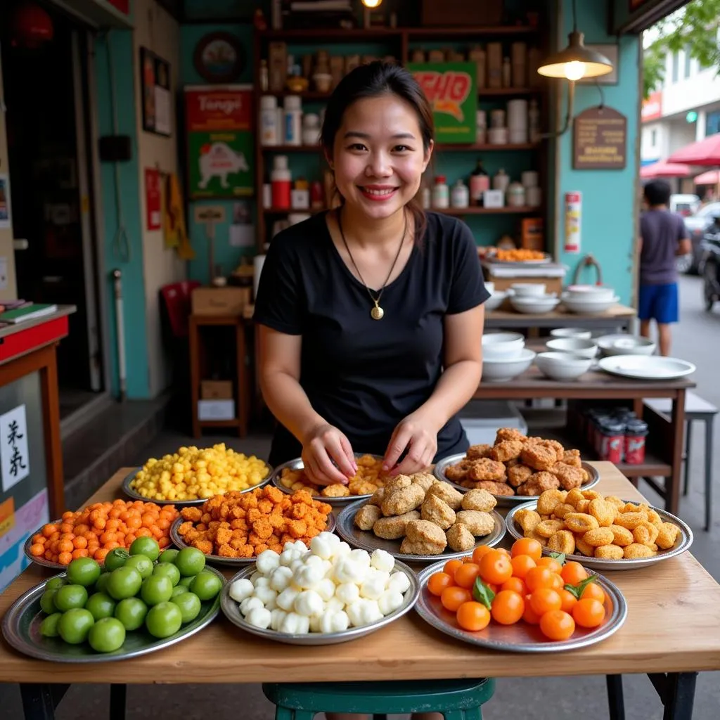 Woman selling colorful xoi on Hanoi street