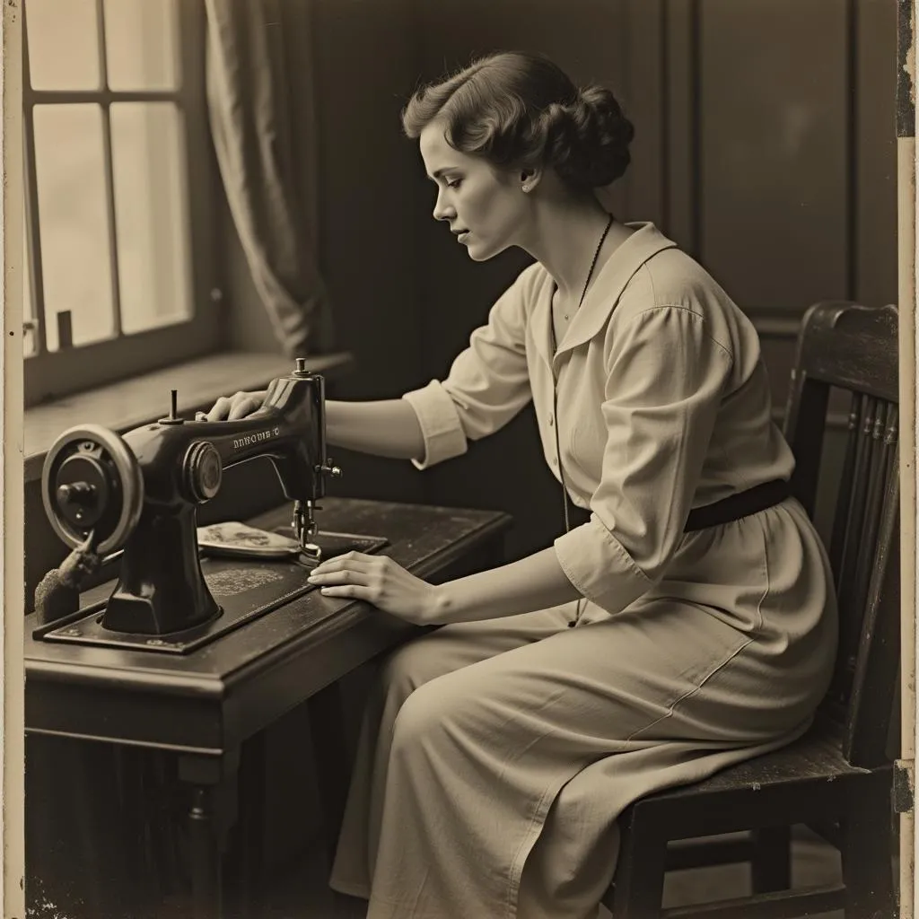 Woman operating a vintage treadle sewing machine.