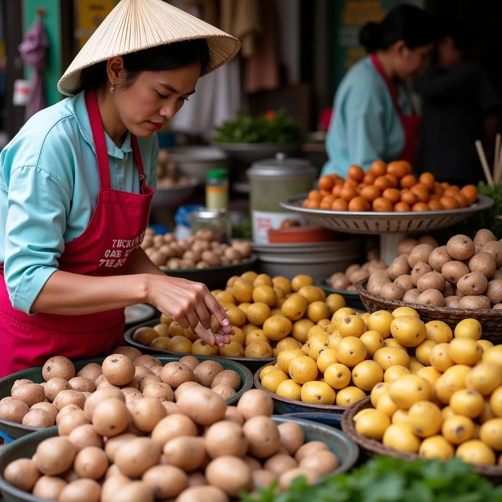 A woman carefully selecting potatoes at a vibrant market in Hanoi, emphasizing the importance of fresh ingredients