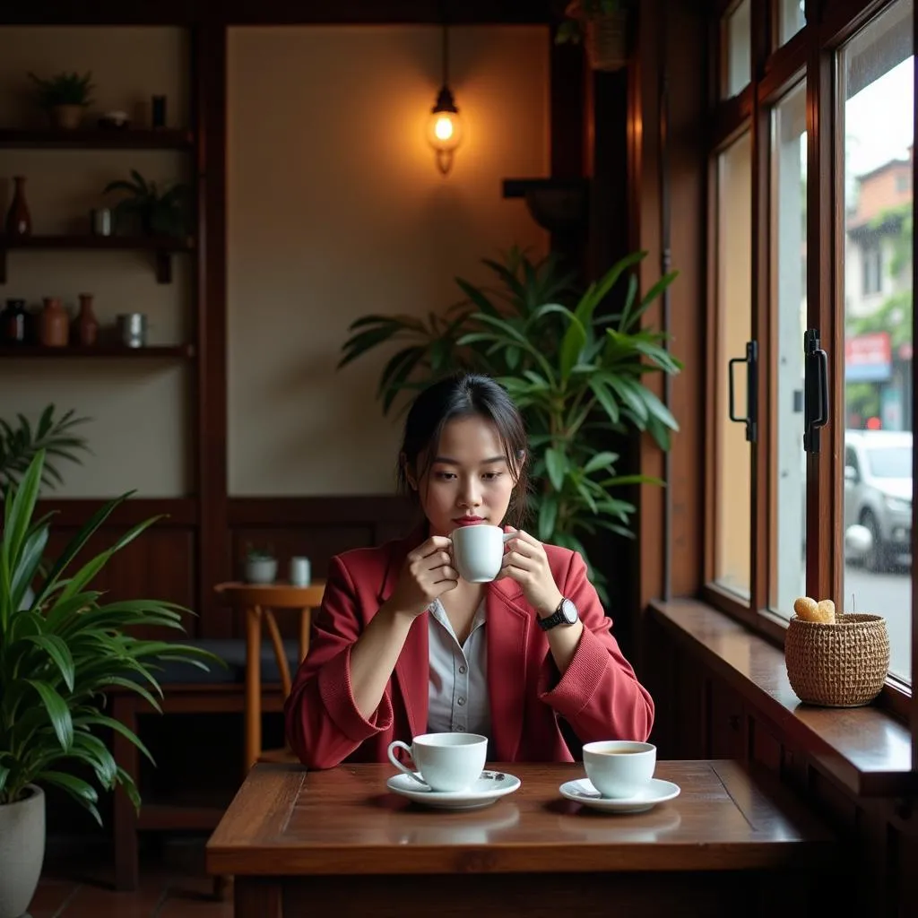 Woman relaxing with Vietnamese tea in a Hanoi cafe