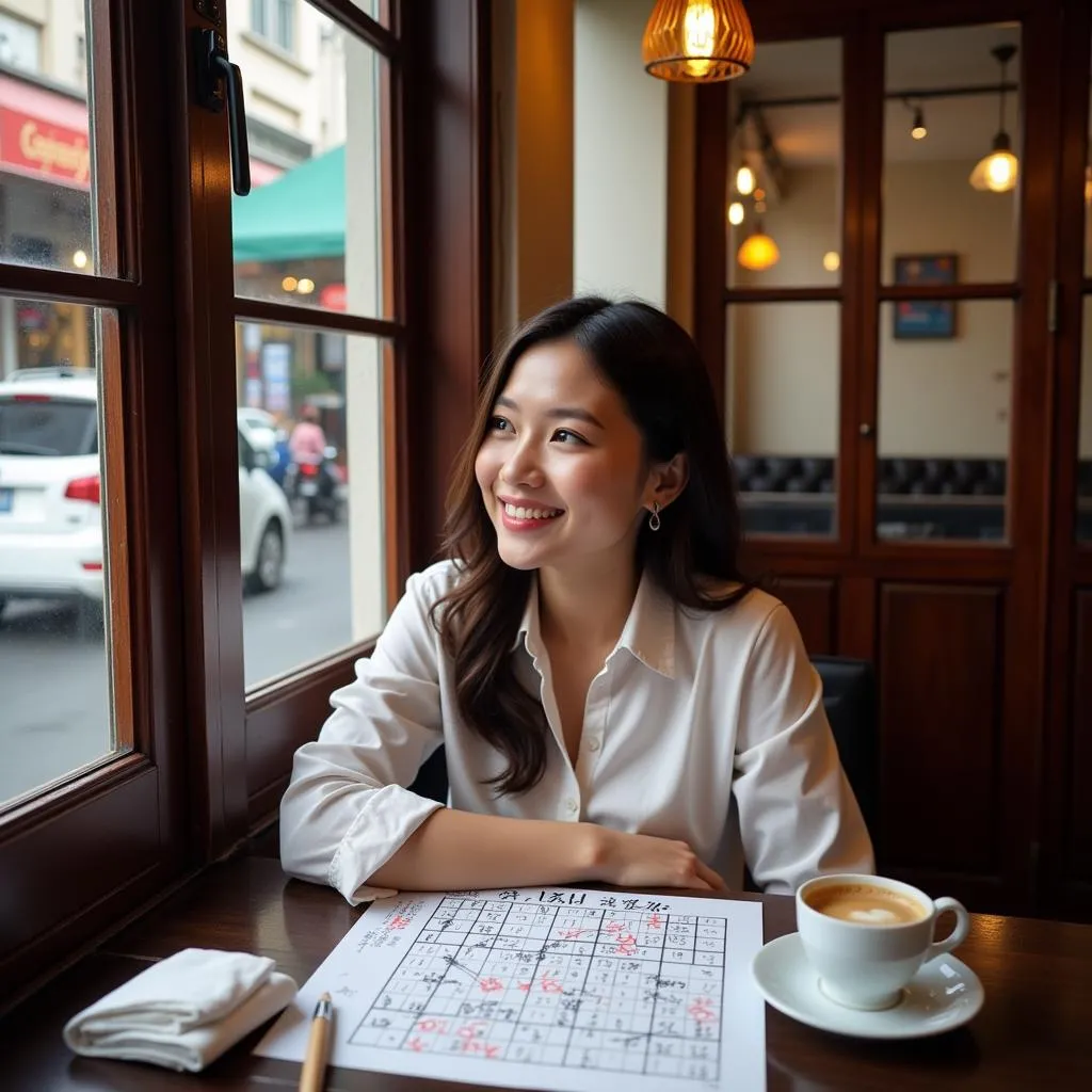 Woman Solving Sudoku in Hanoi Cafe