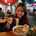 Woman Trying Pho in Hanoi Old Quarter