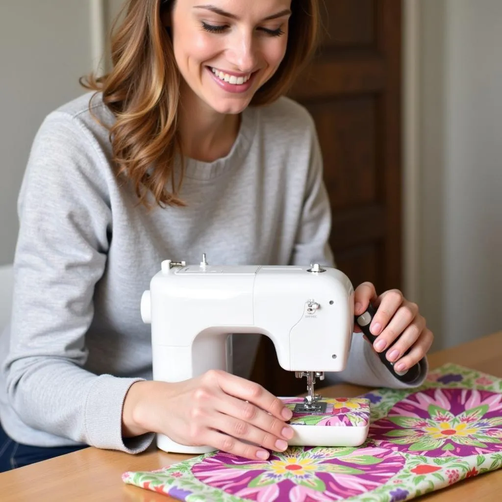 Woman Using Handheld Sewing Machine