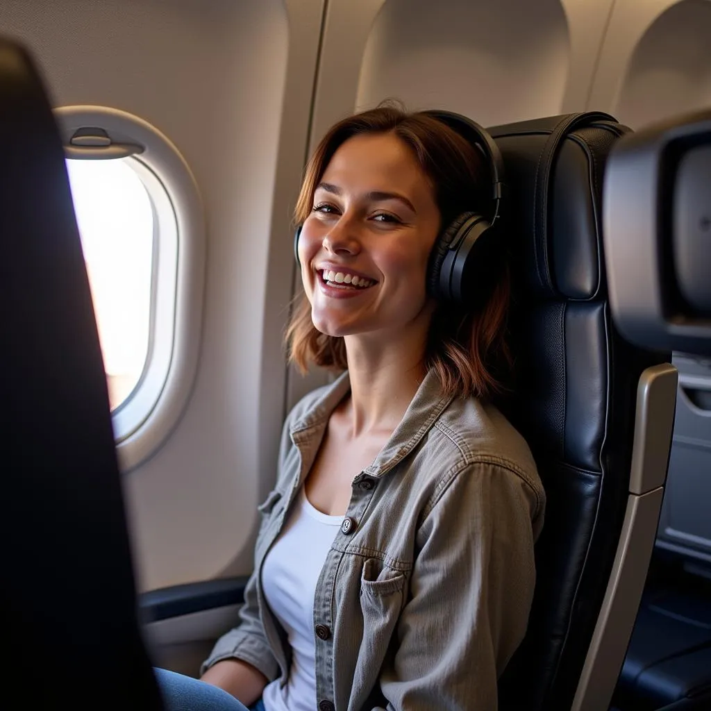 Woman Using Noise Cancelling Headphones on Airplane