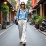 Woman wearing pants-style sun protection clothing in Hanoi