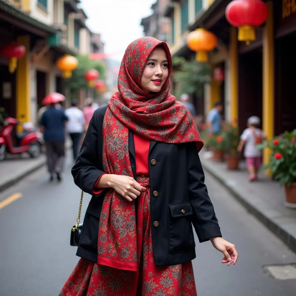 Woman wearing a traditional Vietnamese headscarf in Hanoi's Old Quarter