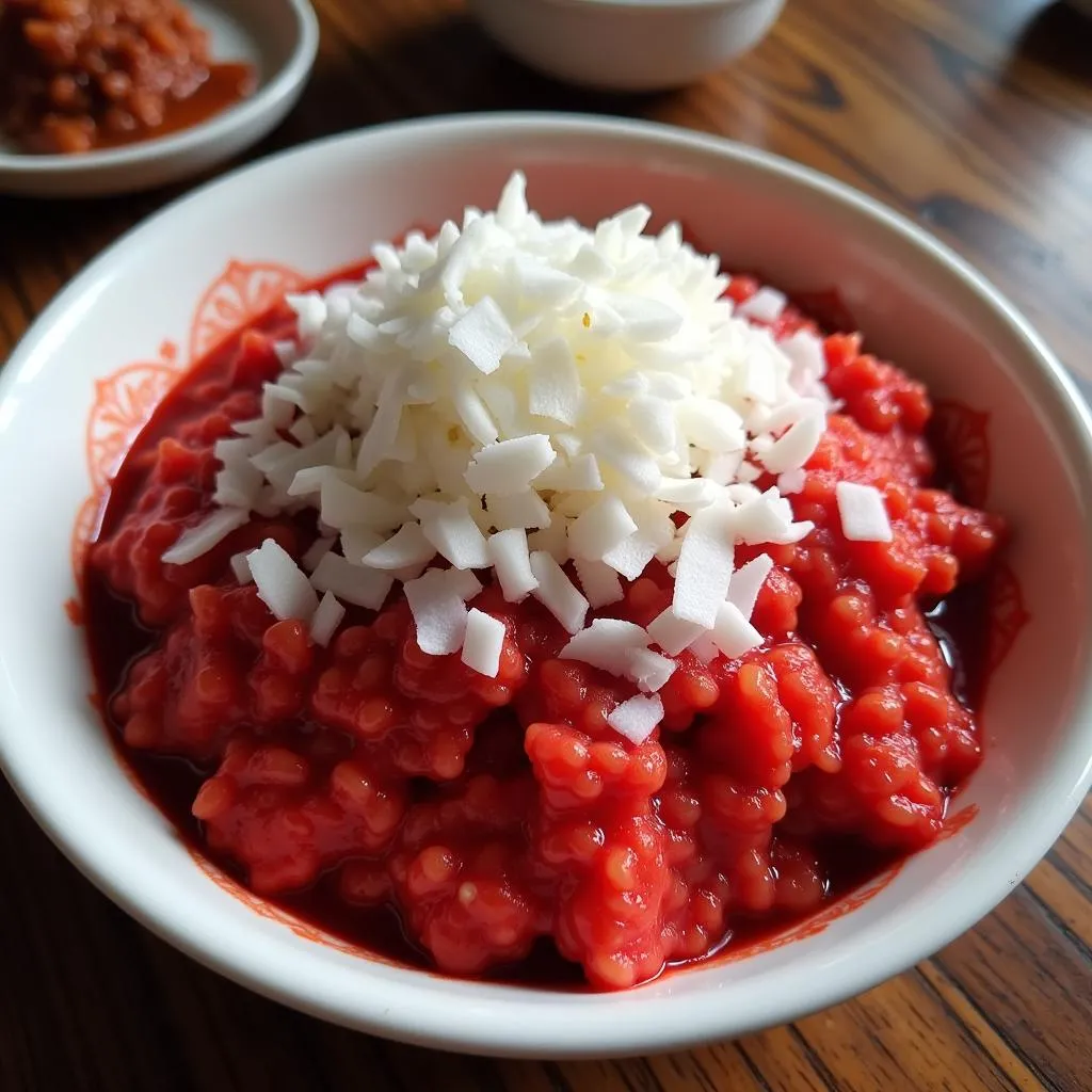 A bowl of Xoi Gac, Vietnamese sticky rice with gac fruit