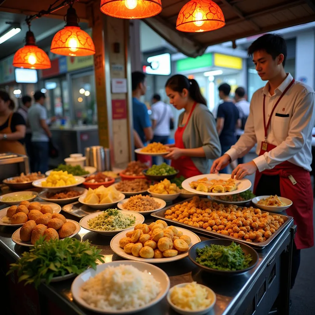 A vibrant street food stall selling Xoi Xeo in Hanoi