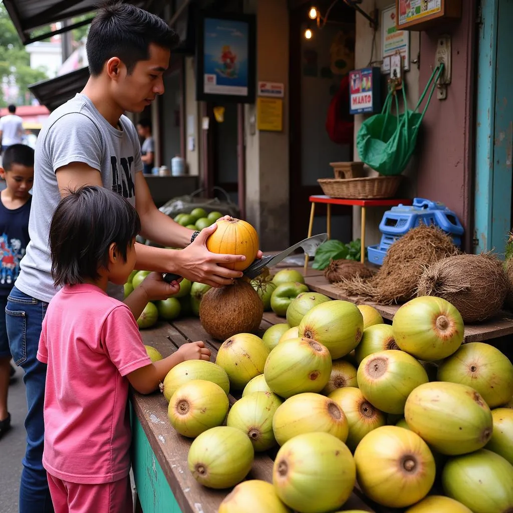 Street vendor selling young coconuts in Ho Chi Minh City