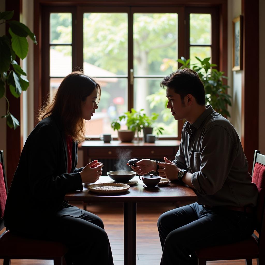 Two individuals participate in a traditional Vietnamese tea ceremony, demonstrating active listening and respectful communication