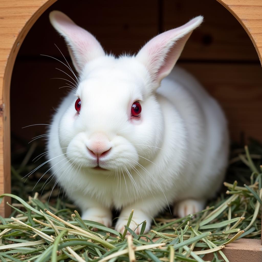 Albino rabbit eating hay