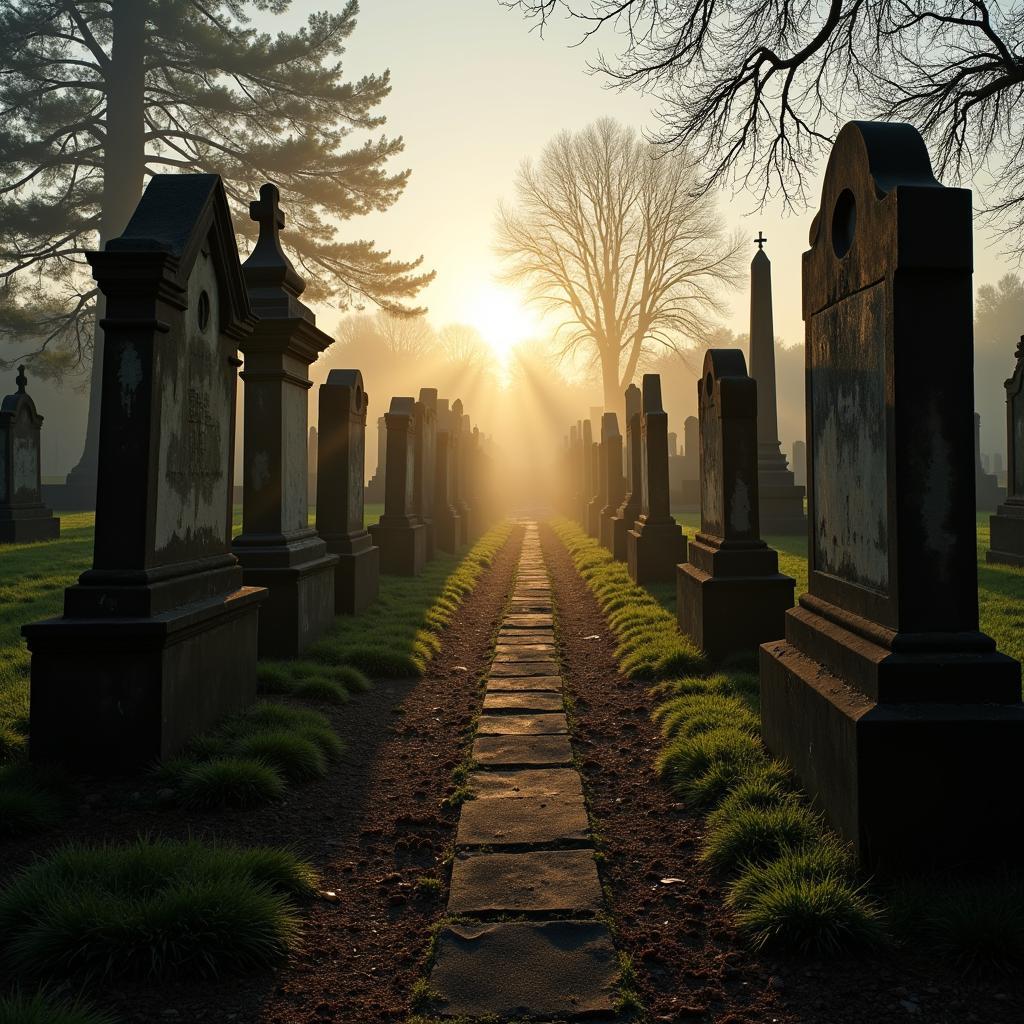 An Eerie View of Ancient Tombstones in a Cemetery