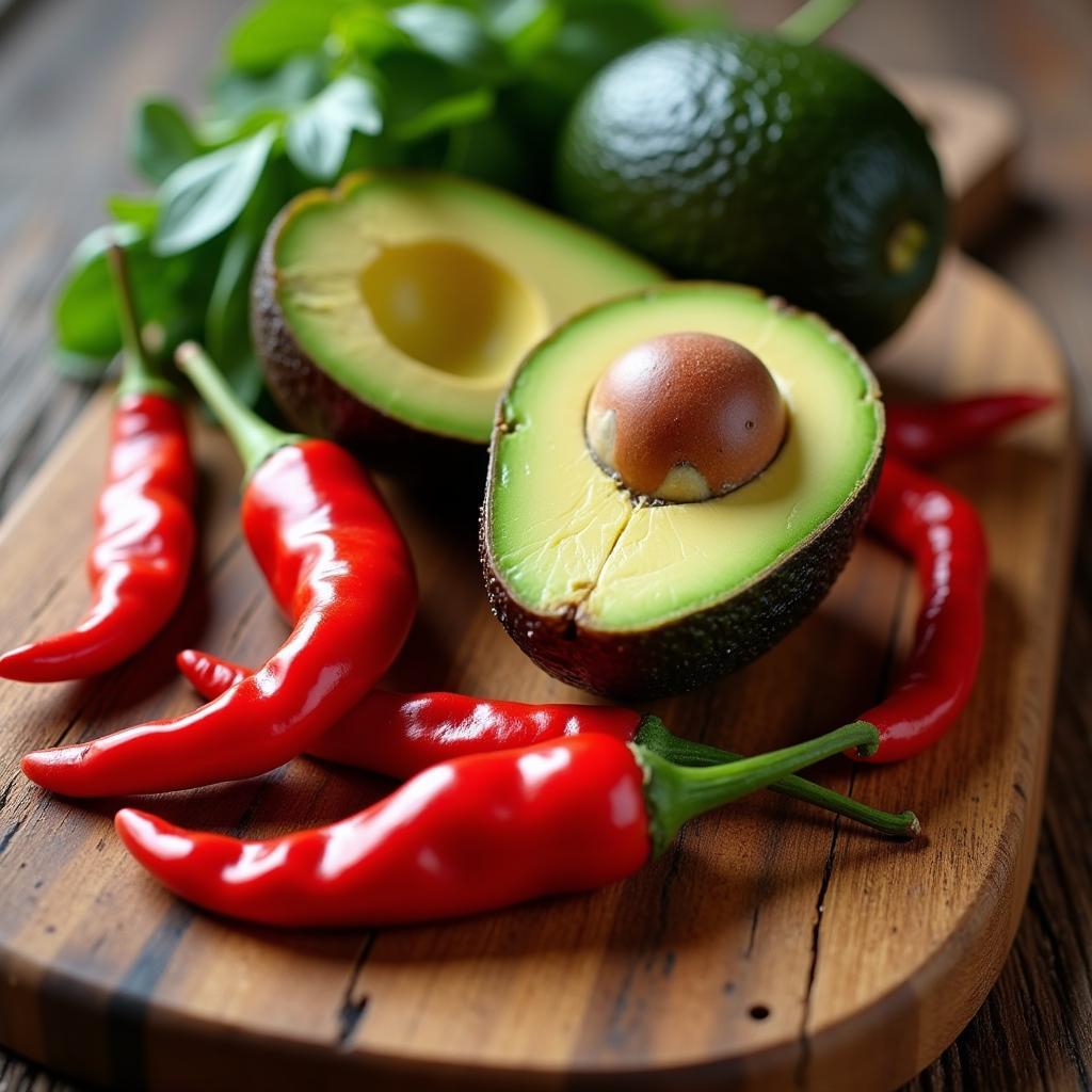 Avocado and Chili Peppers on a Cutting Board